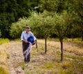 Old farmer fertilizing in an orchard Royalty Free Stock Photo