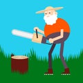 Old farmer sawing firewood. Color vector flat cartoon icon isolated on green