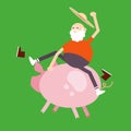 Old farmer sits astride a pig. Color vector flat cartoon icon isolated on green Royalty Free Stock Photo