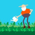 Old farmer watering garden with can. Color vector flat cartoon icon