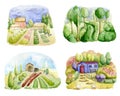 Old farms and rural landscapes set. Fields, houses, gardens, trees, domestic animals. Organic farm, local food design concept.