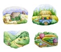 Old farms and rural landscapes set. Fields, houses, gardens, trees, trailer, domestic animals. Organic farm, local food design con