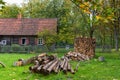 Old farmstead and firewood for heating Rumsiskes Lithuania Royalty Free Stock Photo