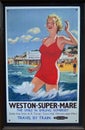 Old fashioned advertisement for travelling by train to Weston Super Mare