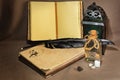 Old fashioned alchemist`s or ancient writer`s workspace