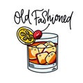 Old Fashioned alcoholic cocktail hand drawn vector illustration. Cartoon style