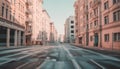 Old fashioned apartment building in modern city, reflecting cityscape at dusk generated by AI Royalty Free Stock Photo