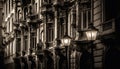 Old fashioned architecture illuminated by street lanterns in a historic cityscape generated by AI