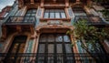 Old fashioned balcony ornamented with lanterns overlooks historic cityscape at night