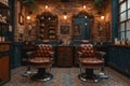 Old-fashioned barbershop interior with leather chairs and mirrors