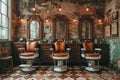 Old-fashioned barbershop interior with leather chairs and mirrors