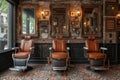 Old-fashioned barbershop interior with leather chairs and mirrors
