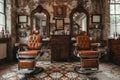 Old-fashioned barbershop interior with leather chairs and mirrors