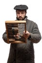 Old fashioned bearded man counts on retro wooden abaci, studio shot. Isolated on white background, with clipping path Royalty Free Stock Photo