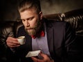 Old-fashioned bearded man sitting in comfortable leather sofa with cup of coffee isolated on gray. Royalty Free Stock Photo