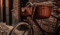 Old fashioned bicycle saddle, leather bag, rusty chain, rural sunset generated by AI