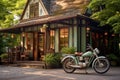 old-fashioned bike near charming european-style cafe