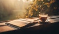 Old fashioned book on rustic table with coffee cup for studying generated by AI