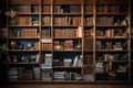 Old fashioned books fill the grand wooden bookshelf, an extensive collection