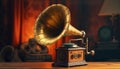 Old fashioned brass instrument on wooden table, shiny metal gramophone playing generated by AI