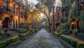 an old - fashioned brick street lined with gardens in the foreground