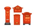 Old Fashioned British Red Mailboxes, Each With Unique Designs, Including A Pillar Box And Wall-mounted Box Royalty Free Stock Photo