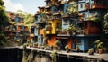 Old fashioned building exterior with balcony, surrounded by green plants and flowers generated by AI