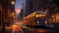 Old fashioned bus drives through illuminated city streets at dusk