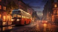 Old fashioned bus drives through illuminated city streets at dusk