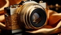 Old fashioned camera on table, photographer capturing image with selective focus generated by AI