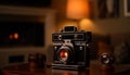 Old fashioned camera on wooden table, capturing nostalgic image indoors generated by AI