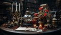 An old fashioned candle lantern decorates the antique bookshelf in the library generated by AI