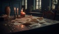 The old fashioned candle on the table illuminates the dark room generated by AI