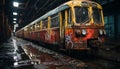Old fashioned car on an abandoned railroad track, city life in motion generated by AI