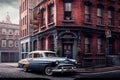 Old fashioned car on brick street scene ,generative AI