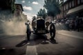 An old fashioned car driving down a street. AI generative image