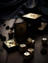 Old-fashioned cards and few golden dice on the wooden table. Gambling concept. Black cloth at backdrop. Generative AI Royalty Free Stock Photo