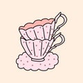 Old fashioned ceramic or porcelain pink tea cups with dots, doodle style flat vector