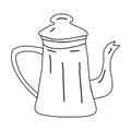 Old fashioned ceramic or porcelain tea pot, doodle style flat vector outline for kids coloring book