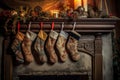 old-fashioned christmas stockings by a fireplace