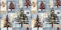 Old-Fashioned christmas tree with primitive hand sewing fabric effect banner. Cozy nostalgic homespun winter hand made