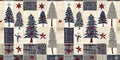 Old-Fashioned christmas tree with primitive hand sewing fabric effect banner. Cozy nostalgic homespun winter hand made