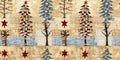 Old-Fashioned christmas tree with primitive hand sewing fabric effect banner. Cozy nostalgic homespun winter hand made