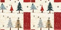 Old-Fashioned christmas tree with primitive hand sewing fabric effect border. Cozy nostalgic homespun winter hand made Royalty Free Stock Photo