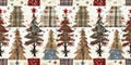 Old-Fashioned christmas tree with primitive hand sewing fabric effect border. Cozy nostalgic homespun winter hand made Royalty Free Stock Photo