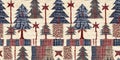 Old-Fashioned christmas tree with primitive hand sewing fabric effect border. Cozy nostalgic homespun winter hand made Royalty Free Stock Photo