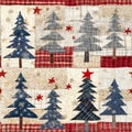 Old-Fashioned christmas tree with primitive hand sewing fabric effect. Cozy nostalgic homespun winter hand made crafts