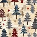 Old-Fashioned christmas tree with primitive hand sewing fabric effect. Cozy nostalgic homespun winter hand made crafts