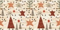 Old-Fashioned christmas tree with primitive hand sewing fabric effect endless edging. Cozy nostalgic homespun winter