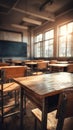 Sunlight in Vintage Classroom Empty Wooden Desks and Chairs, Blackboard Visible Royalty Free Stock Photo